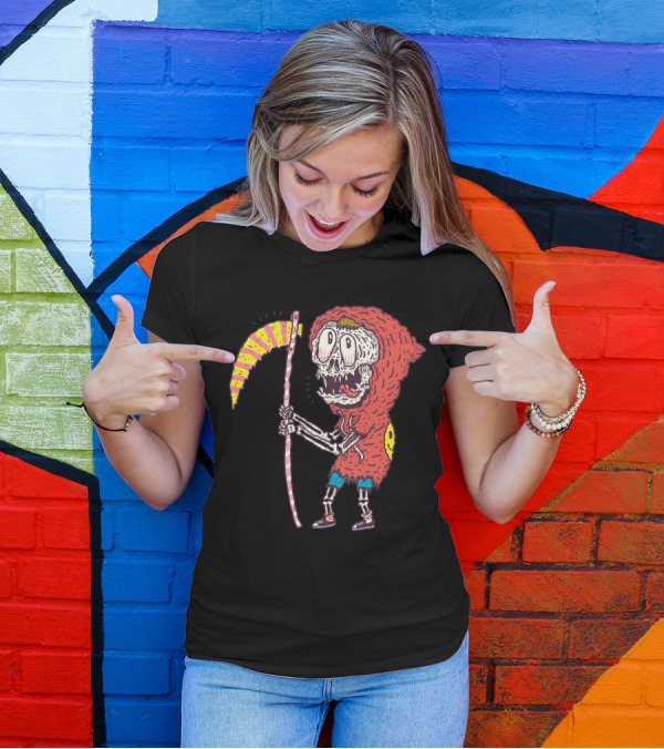 Candyreaper Skeleton In Hood With Striped Scythe T-Shirt