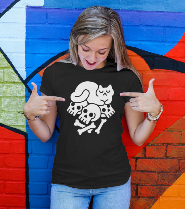 Cat Sleeping On Skulls And Bones T-Shirt