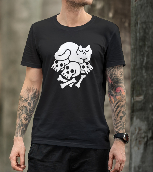 Cat Sleeping On Skulls And Bones T-Shirt