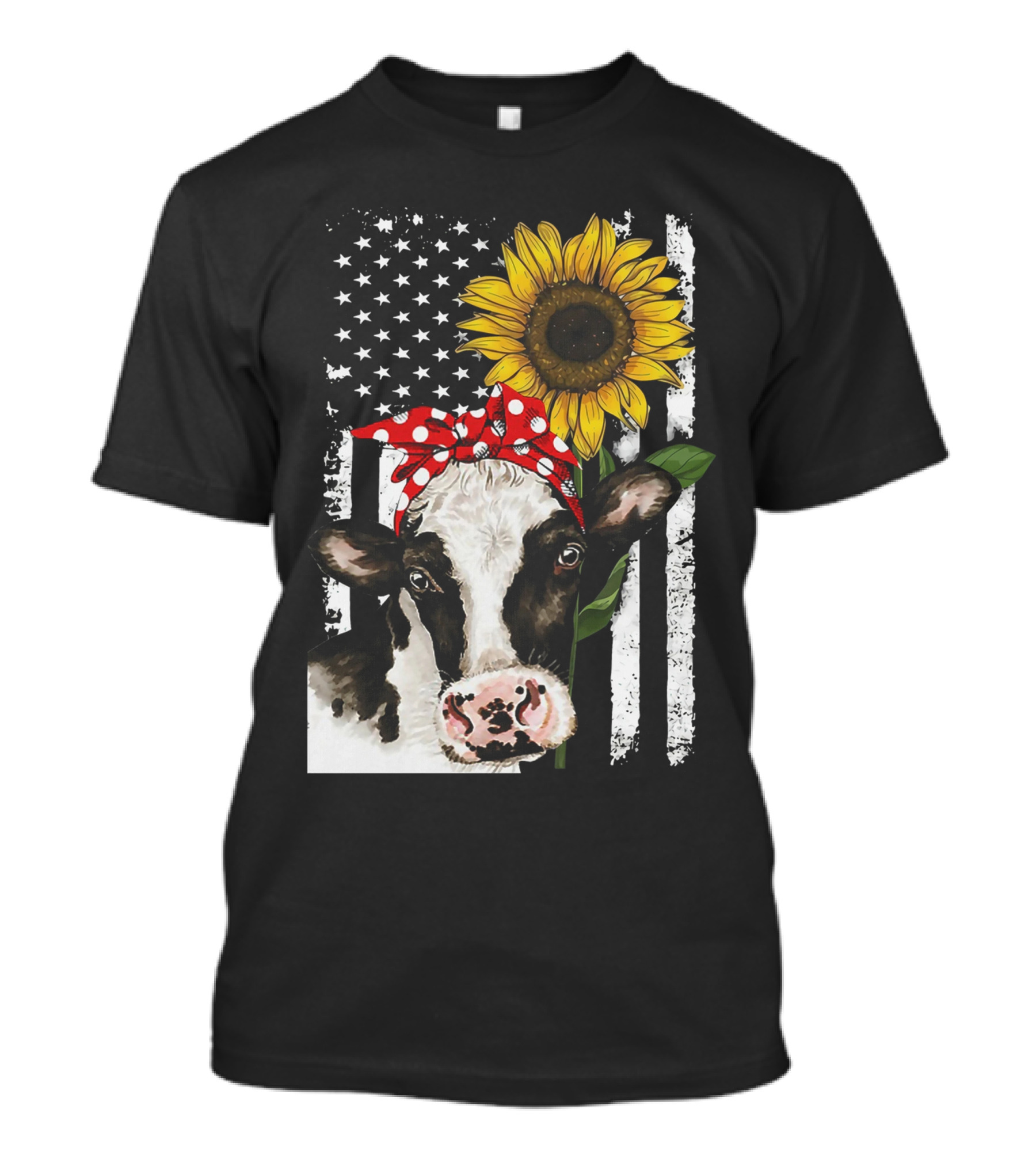 Cow With Red Bandana Sunflower And American Flag T-Shirt