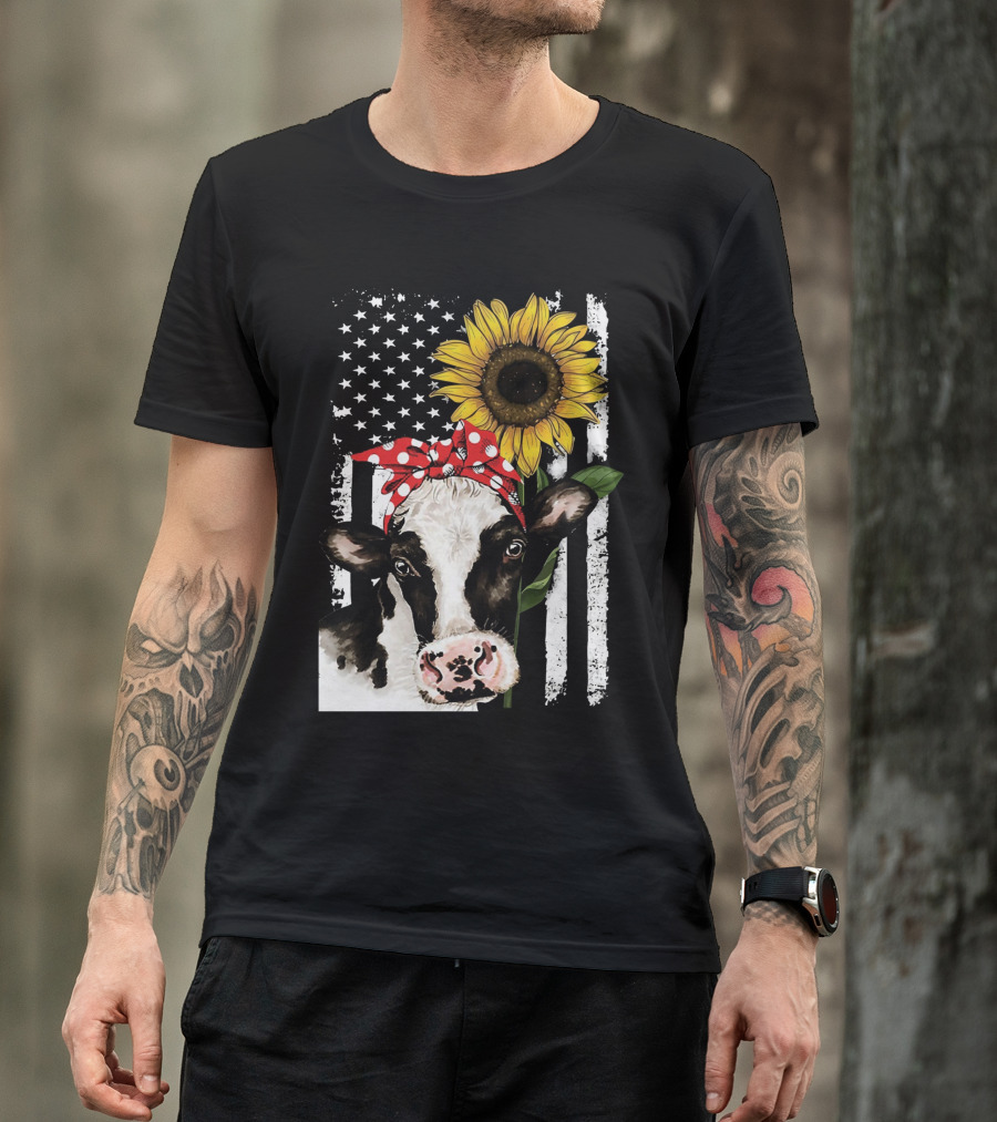 Cow With Red Bandana Sunflower And American Flag T-Shirt