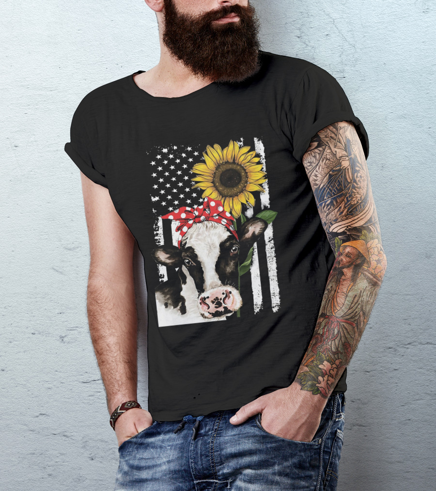 Cow With Red Bandana Sunflower And American Flag T-Shirt