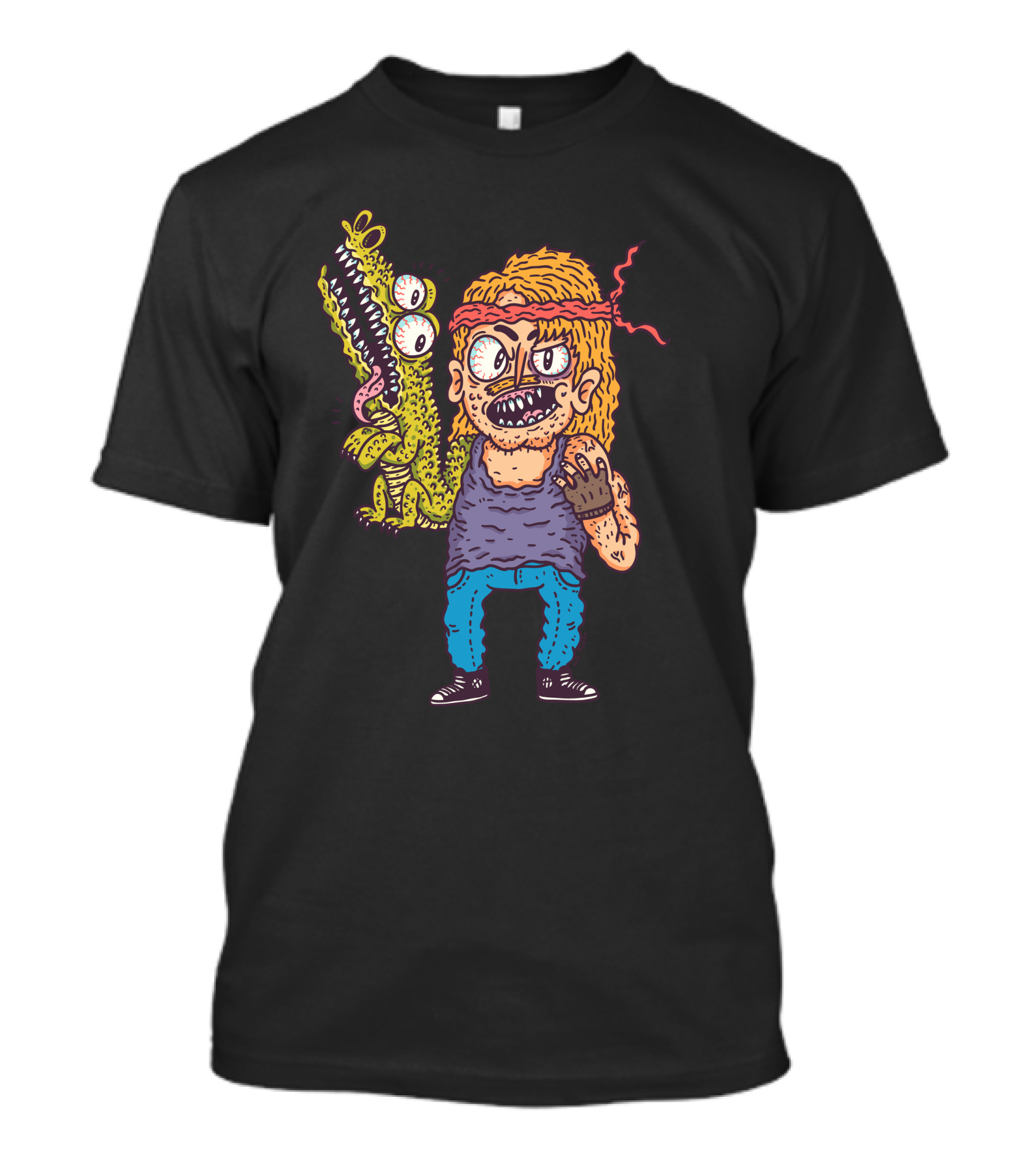 Croco Cartoon Tough Guy With Two-Eyed Crocodile Companion T-Shirt