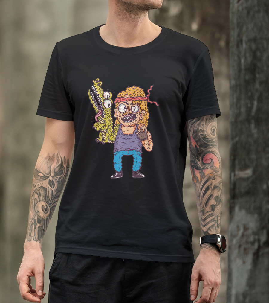 Croco Cartoon Tough Guy With Two-Eyed Crocodile Companion T-Shirt