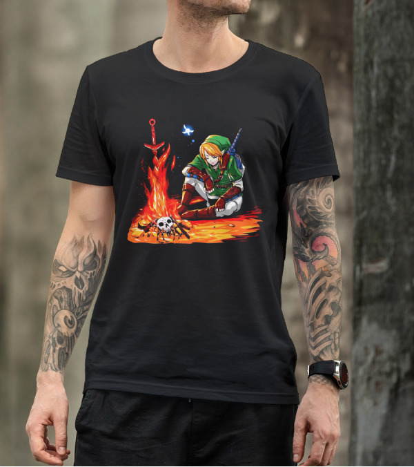 Dark Link Flame Sword Skull Campfire Scene T-Shirt