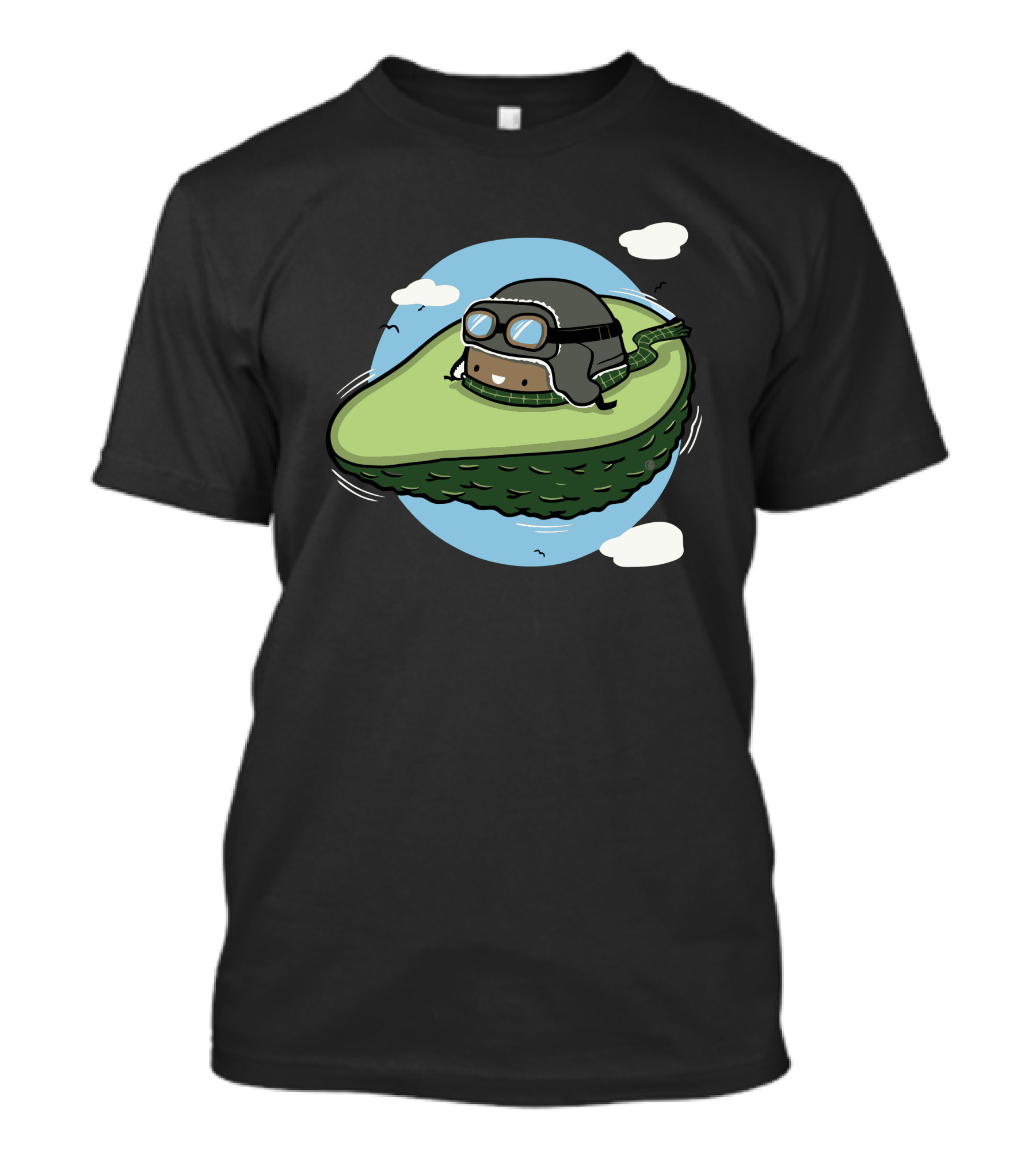 Flying Avocado Pilot Adventure With Helmet Goggles And Sky Background T-Shirt