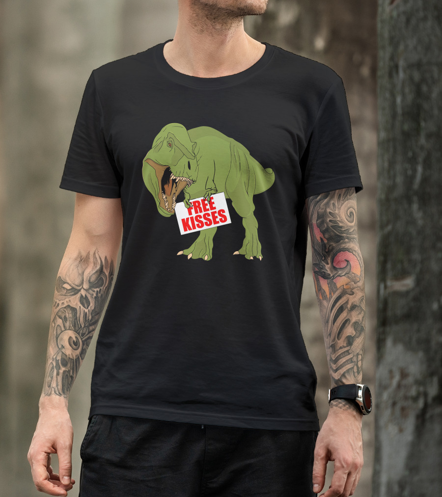 Free Kisses Dinosaur Rex Holding Sign T-Shirt