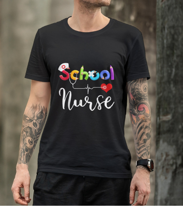 Funny School Nurse With Medical Icon And Heart Elements T-Shirt
