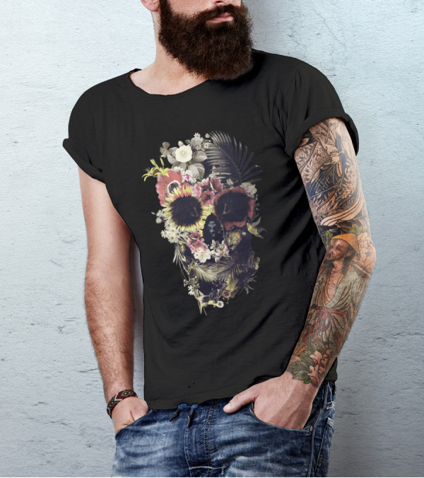 Garden Skull Floral Arrangement Botanic Collage T-Shirt