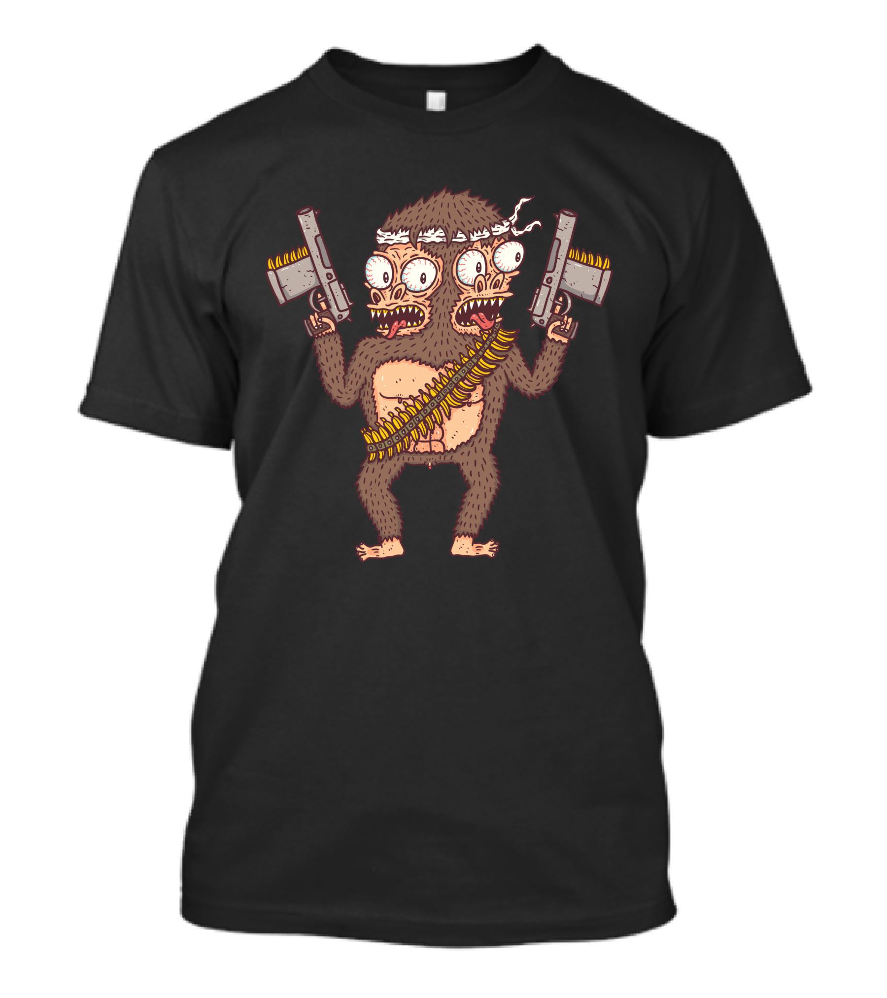 Guerilla Gorilla Dual Wielding Cartoon Character With Guns And Bullet Bandolier T-Shirt