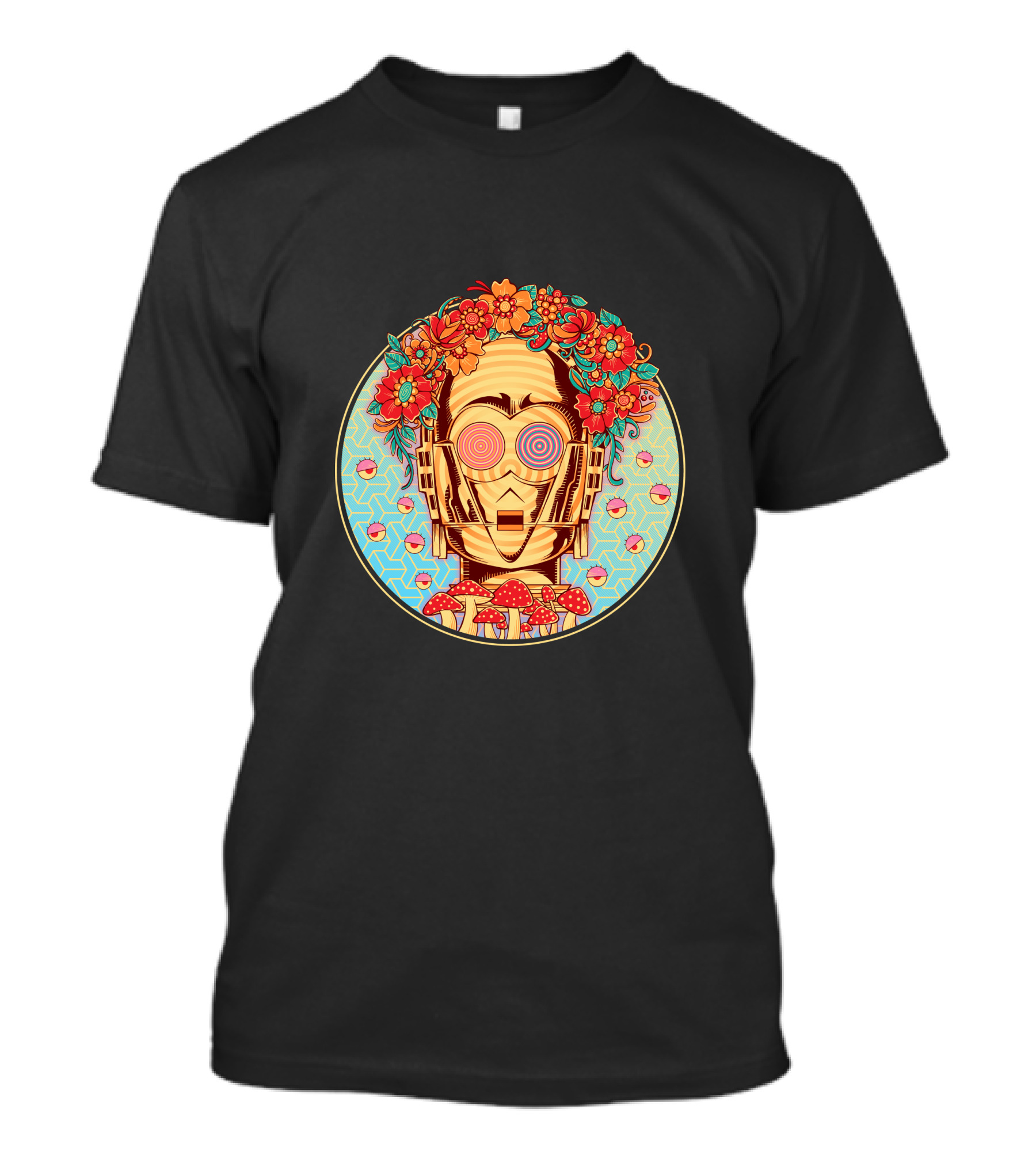 Hippie Droid Floral Groovy Robot With Psychedelic Glasses And Mushroom Circle T-Shirt