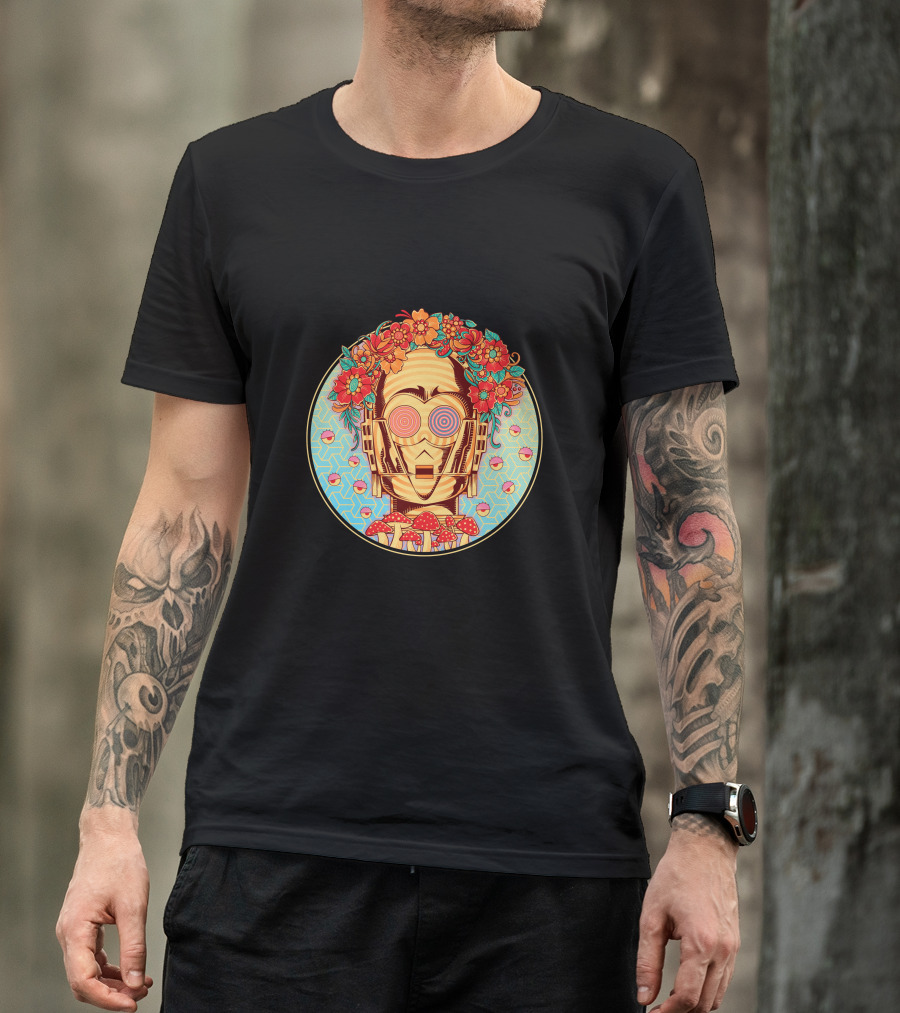 Hippie Droid Floral Groovy Robot With Psychedelic Glasses And Mushroom Circle T-Shirt