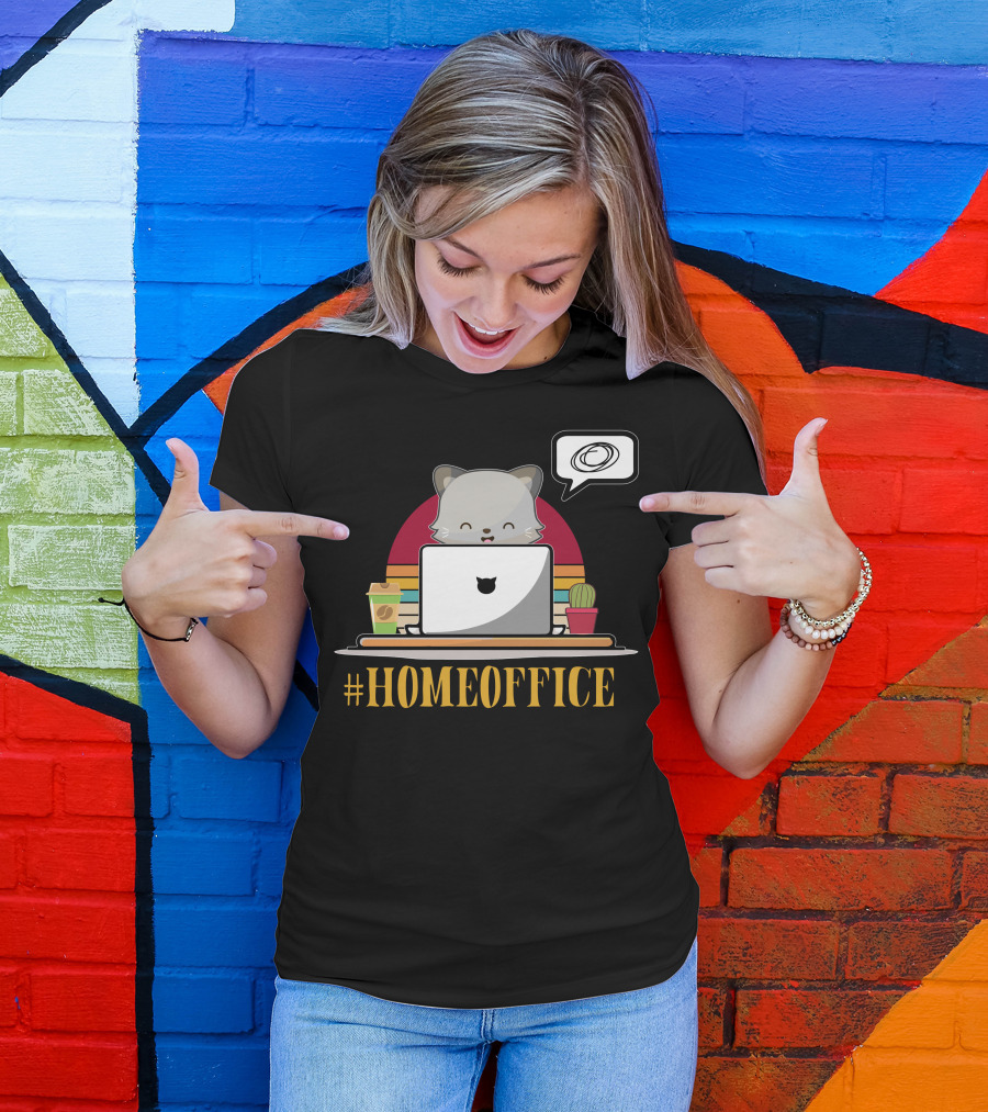 HomeOffice Cat At Laptop With Coffee And Cactus T-Shirt