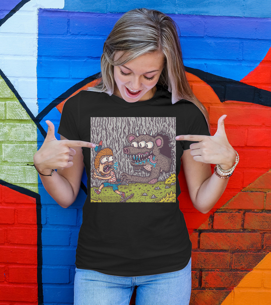 Igotyou Cartoon Boy Running From Monster In Forest Scene T-Shirt