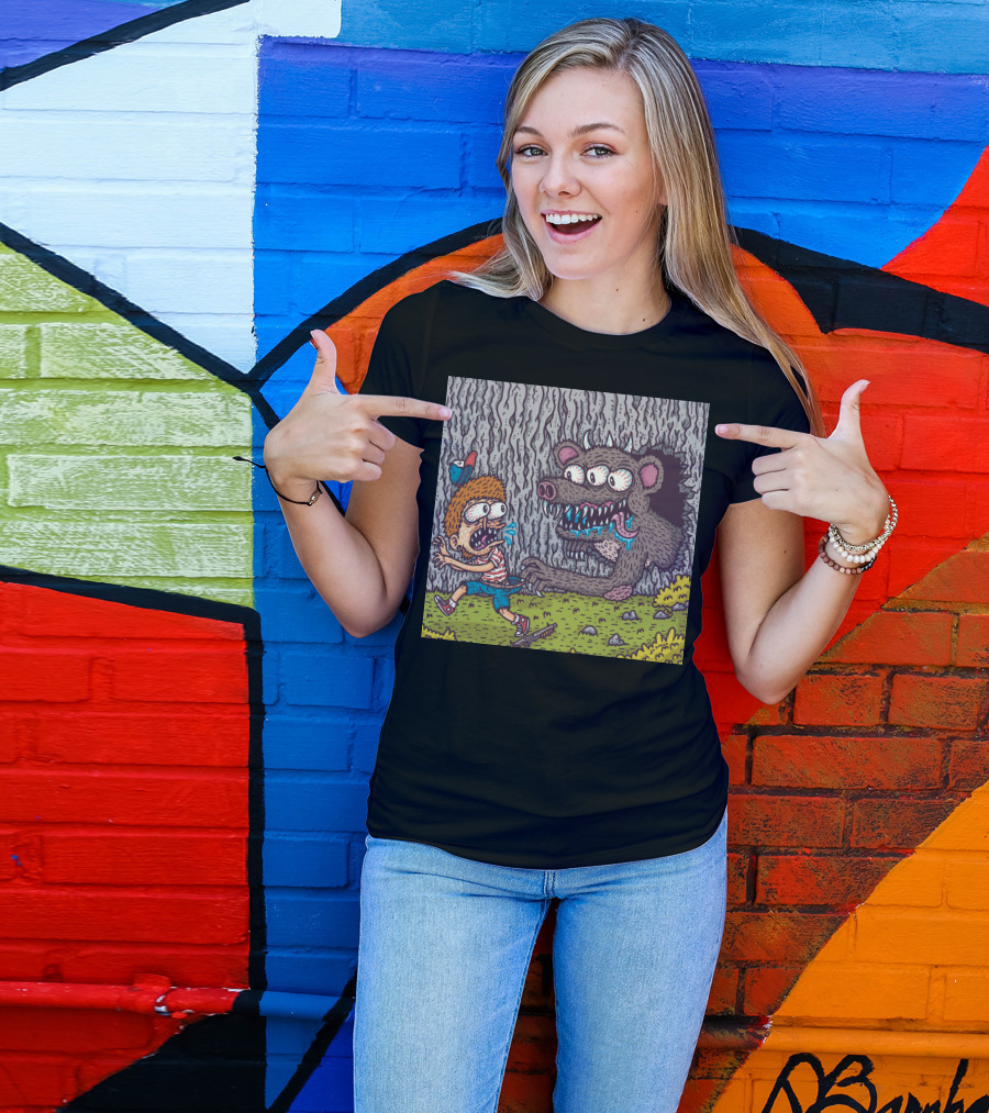 Igotyou Cartoon Boy Running From Monster In Forest Scene T-Shirt