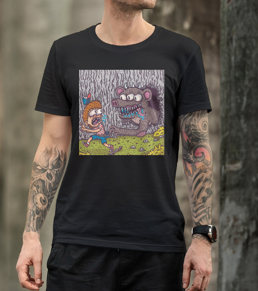Igotyou Cartoon Boy Running From Monster In Forest Scene T-Shirt