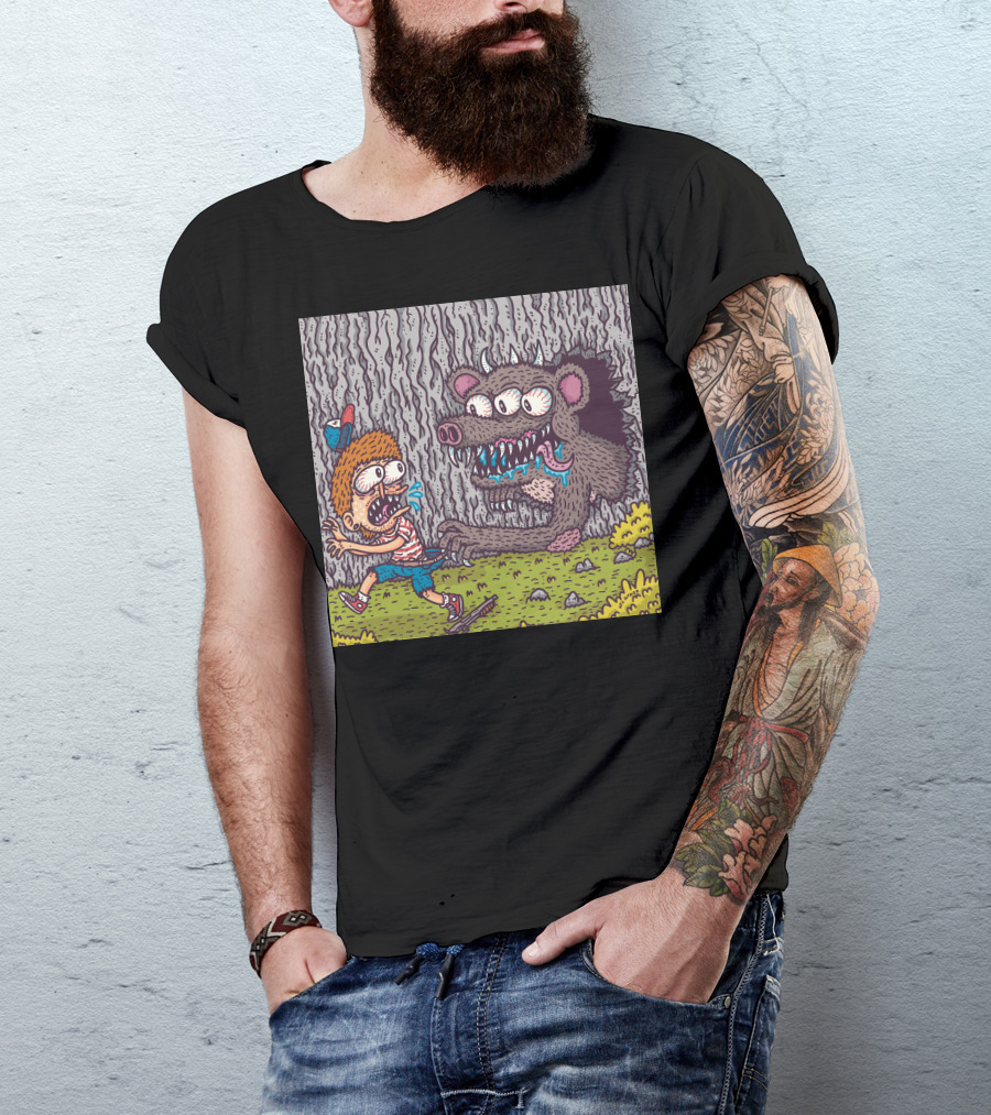 Igotyou Cartoon Boy Running From Monster In Forest Scene T-Shirt