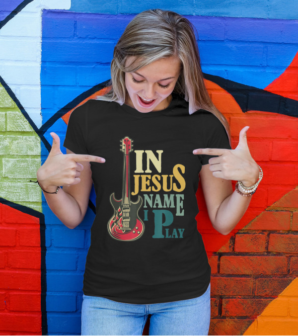 In Jesus Name I Play Guitar Red Electric Flames T-Shirt