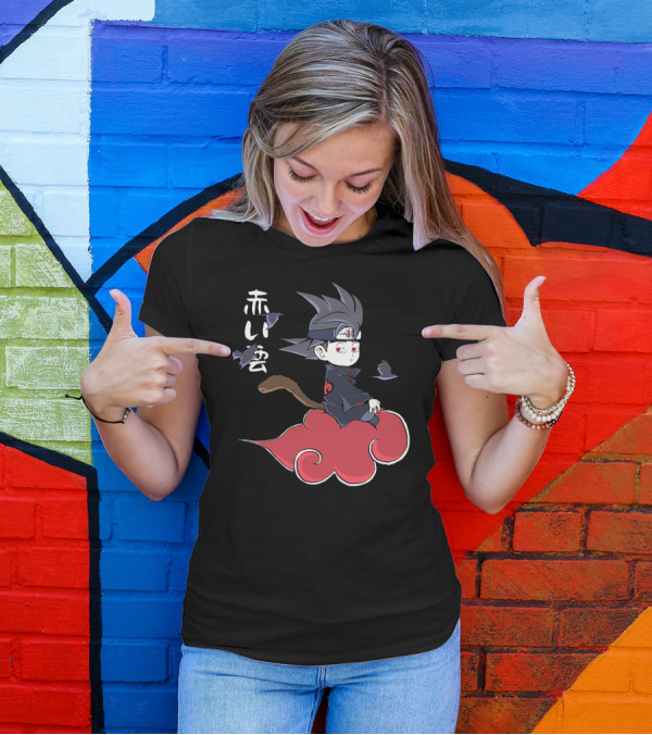 Itachi Uchiha Akatsuki Riding Red Cloud With Kanji And Purple Crows T-Shirt