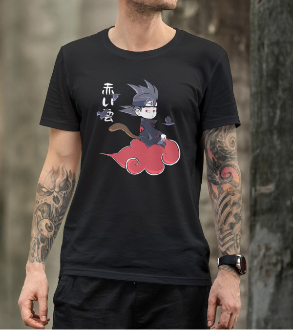 Itachi Uchiha Akatsuki Riding Red Cloud With Kanji And Purple Crows T-Shirt