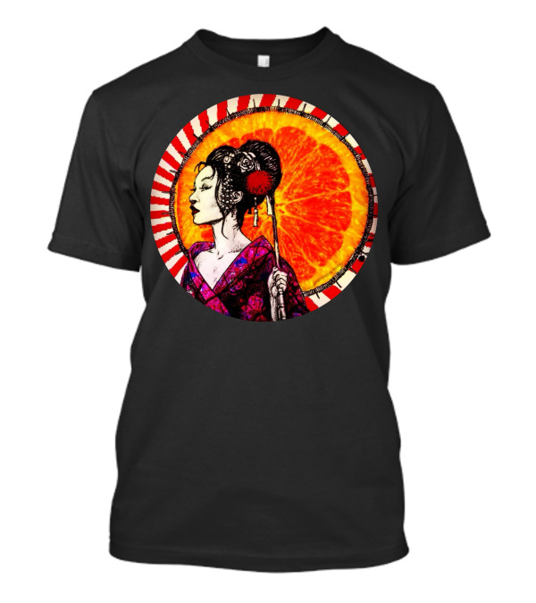 Japanese Girl With Kimono And Umbrella Against Orange Sunburst Circle T-Shirt