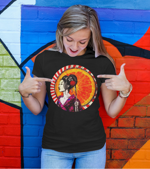 Japanese Girl With Kimono And Umbrella Against Orange Sunburst Circle T-Shirt