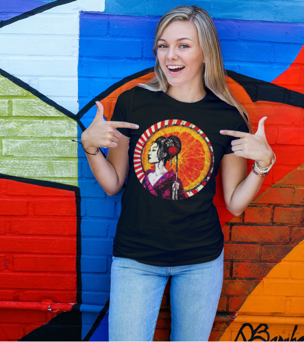 Japanese Girl With Kimono And Umbrella Against Orange Sunburst Circle T-Shirt