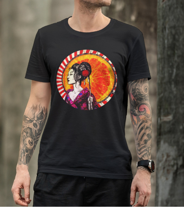 Japanese Girl With Kimono And Umbrella Against Orange Sunburst Circle T-Shirt