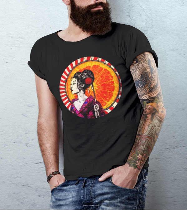 Japanese Girl With Kimono And Umbrella Against Orange Sunburst Circle T-Shirt