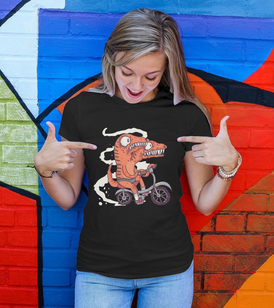 Jurassic Bike Dinosaur Riding Bicycle Double-Headed Monster Cartoon T-Shirt
