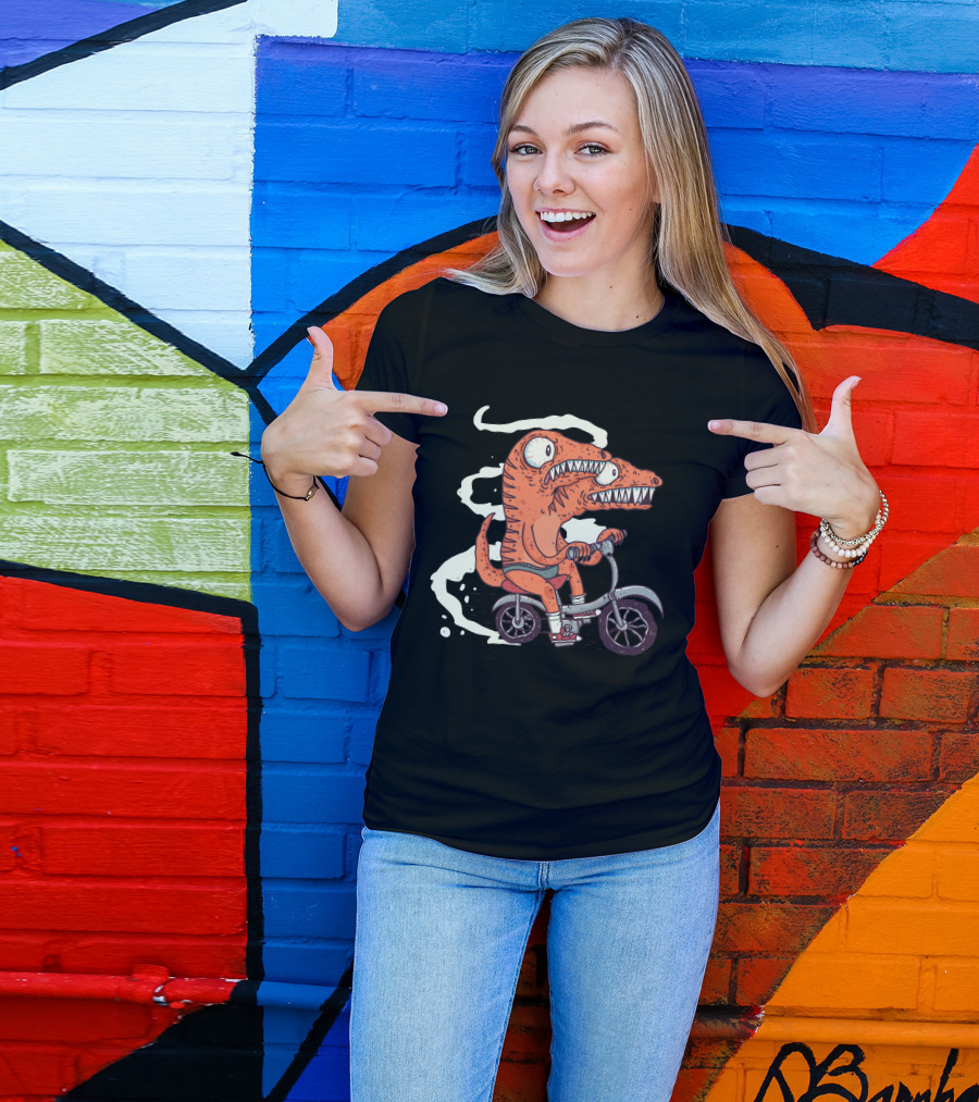 Jurassic Bike Dinosaur Riding Bicycle Double-Headed Monster Cartoon T-Shirt