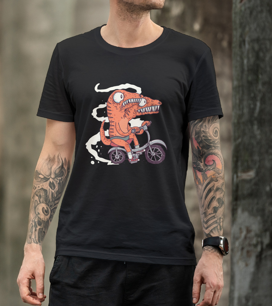 Jurassic Bike Dinosaur Riding Bicycle Double-Headed Monster Cartoon T-Shirt