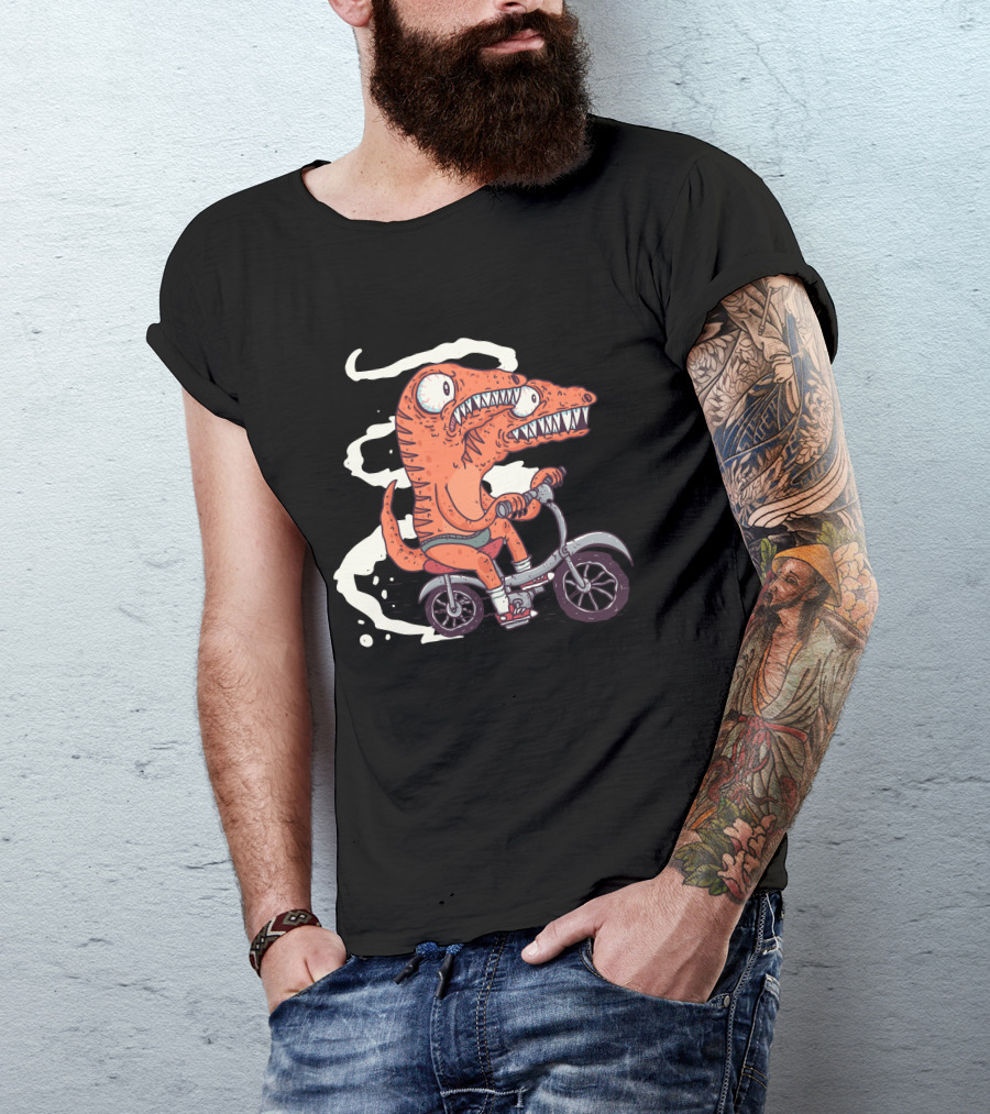 Jurassic Bike Dinosaur Riding Bicycle Double-Headed Monster Cartoon T-Shirt