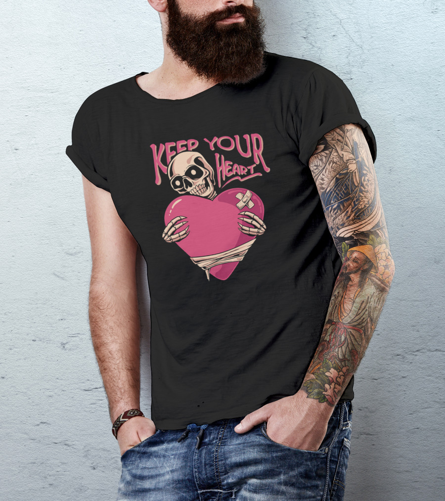 Keep Your Heart Skeleton Holding Pink Heart With Bandages T-Shirt