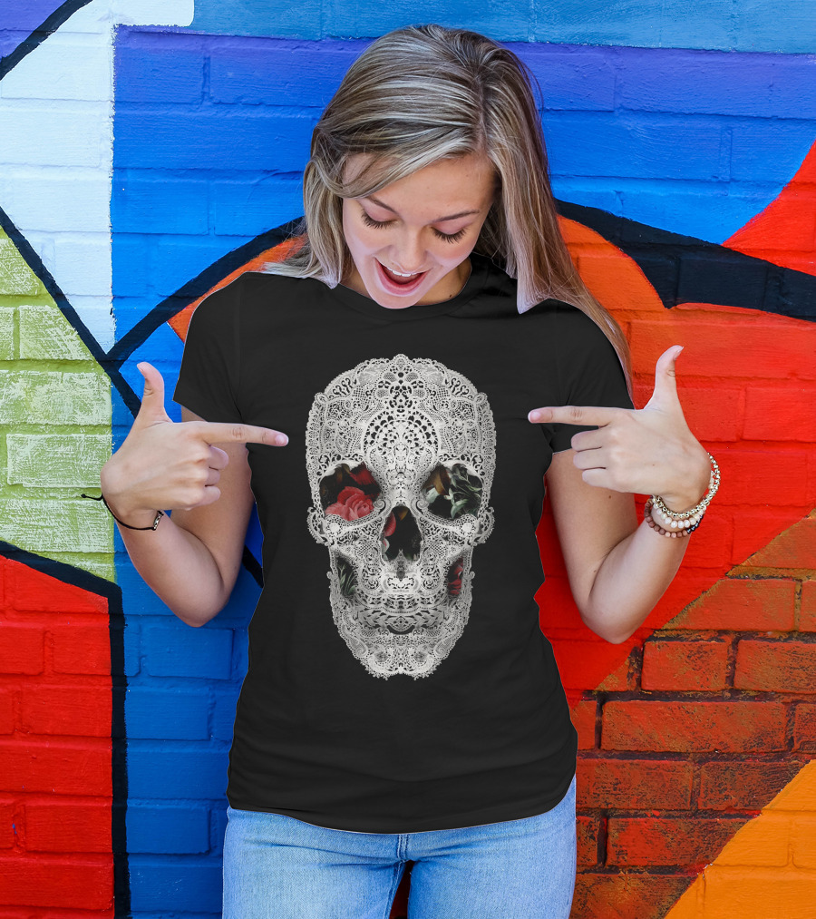 Lace Skull With Floral Roses T-Shirt