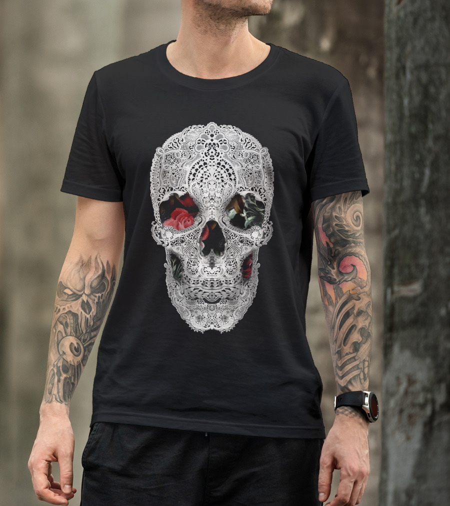 Lace Skull With Floral Roses T-Shirt