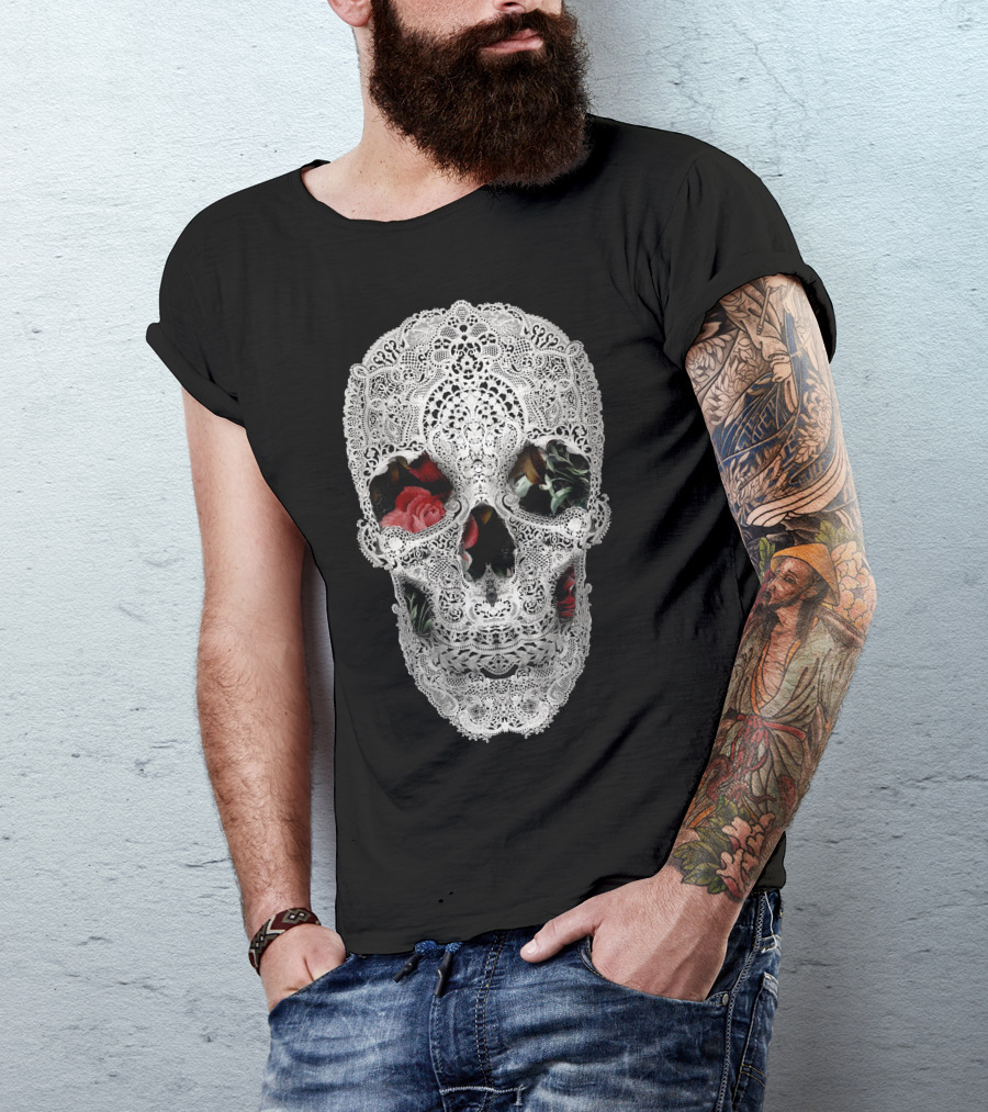 Lace Skull With Floral Roses T-Shirt