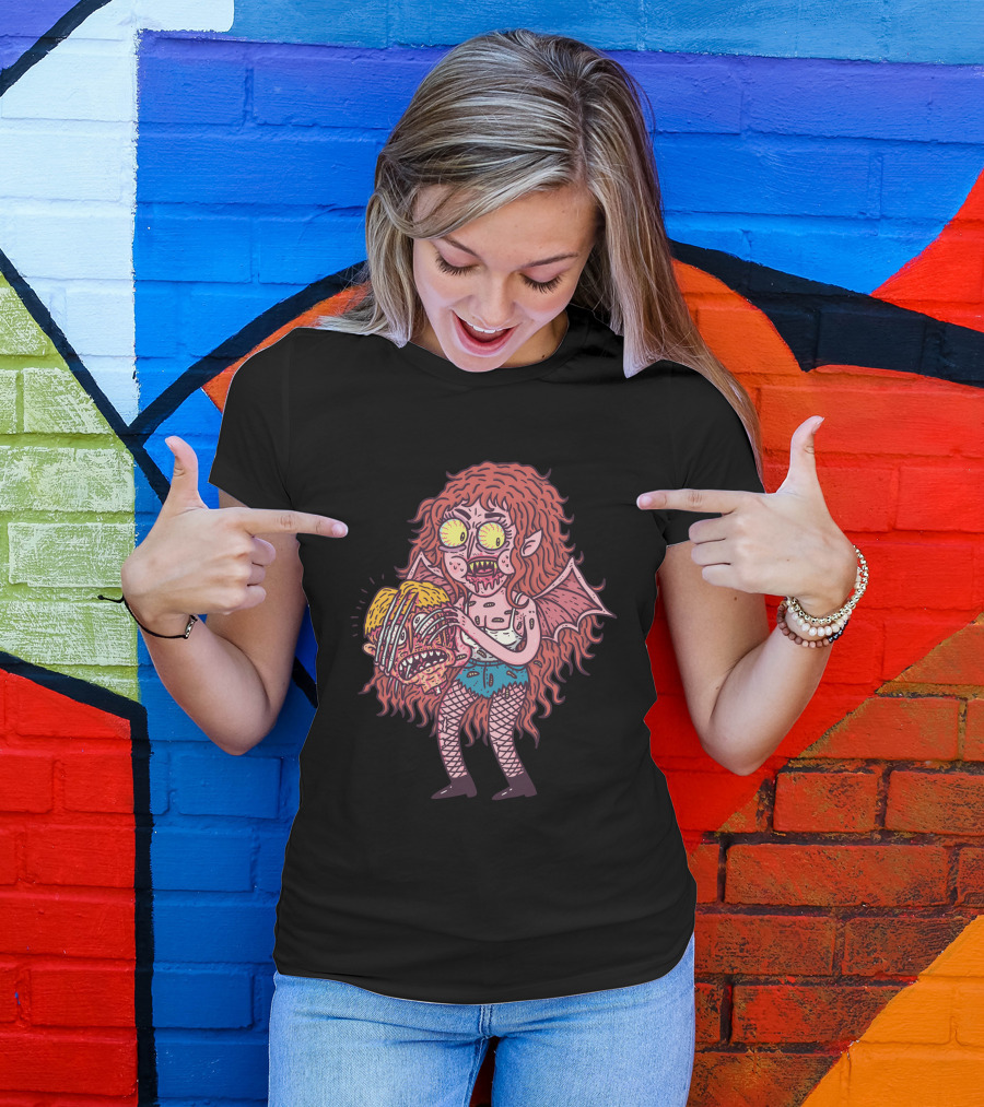 Lilly Monster Creature Holding Shredded Head With Bat Wings And Fishnets T-Shirt