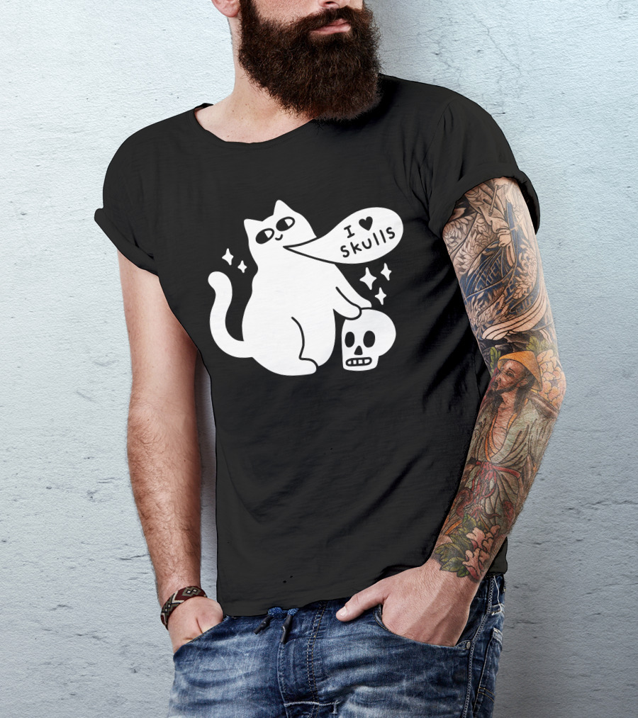 I Love Skulls Cat With Speech Bubble And Stars T-Shirt