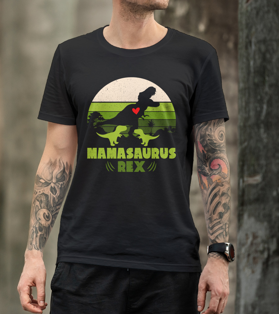 Mamasaurus Rex Silhouette With Heart And Baby Dinosaurs In Green Circle T-Shirt