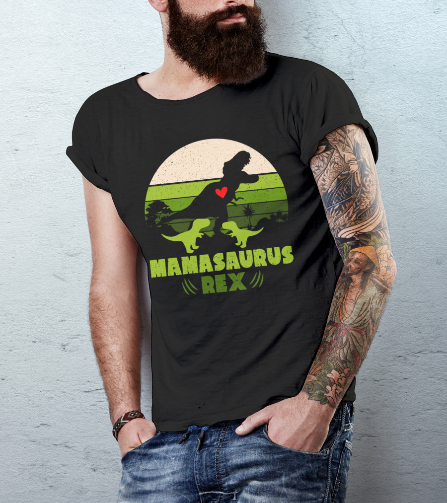 Mamasaurus Rex Silhouette With Heart And Baby Dinosaurs In Green Circle T-Shirt
