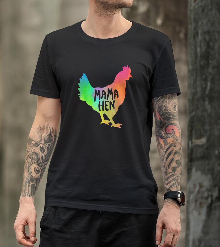 MAMA HEN Mens Rainbow Rooster T-Shirt