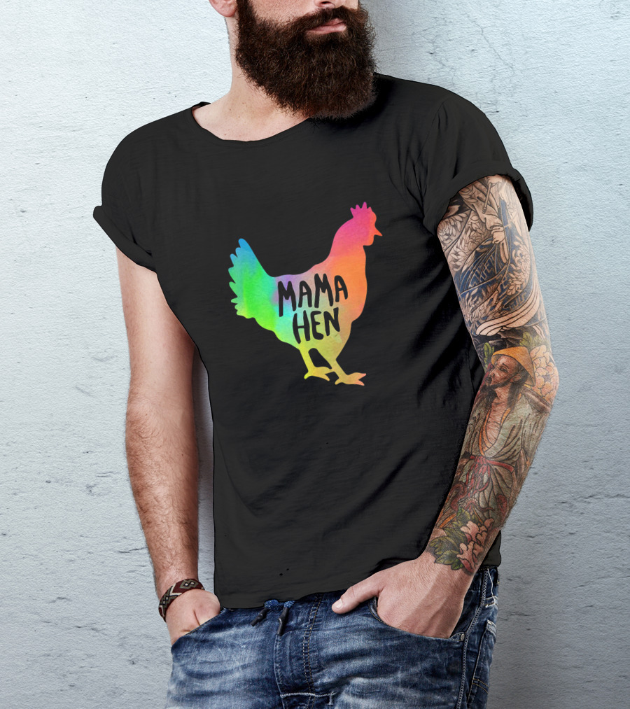 MAMA HEN Mens Rainbow Rooster T-Shirt