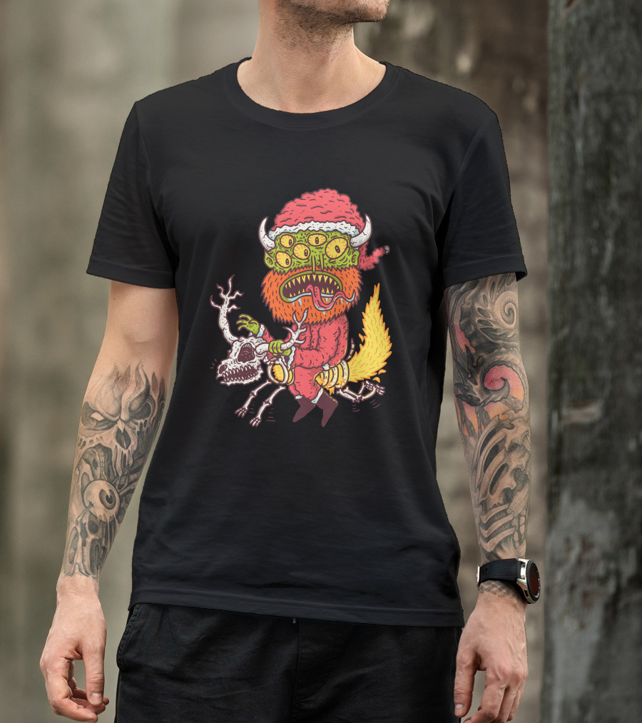 Monstersanta Festive Demon With Santa Hat And Beastly Eyes T-Shirt