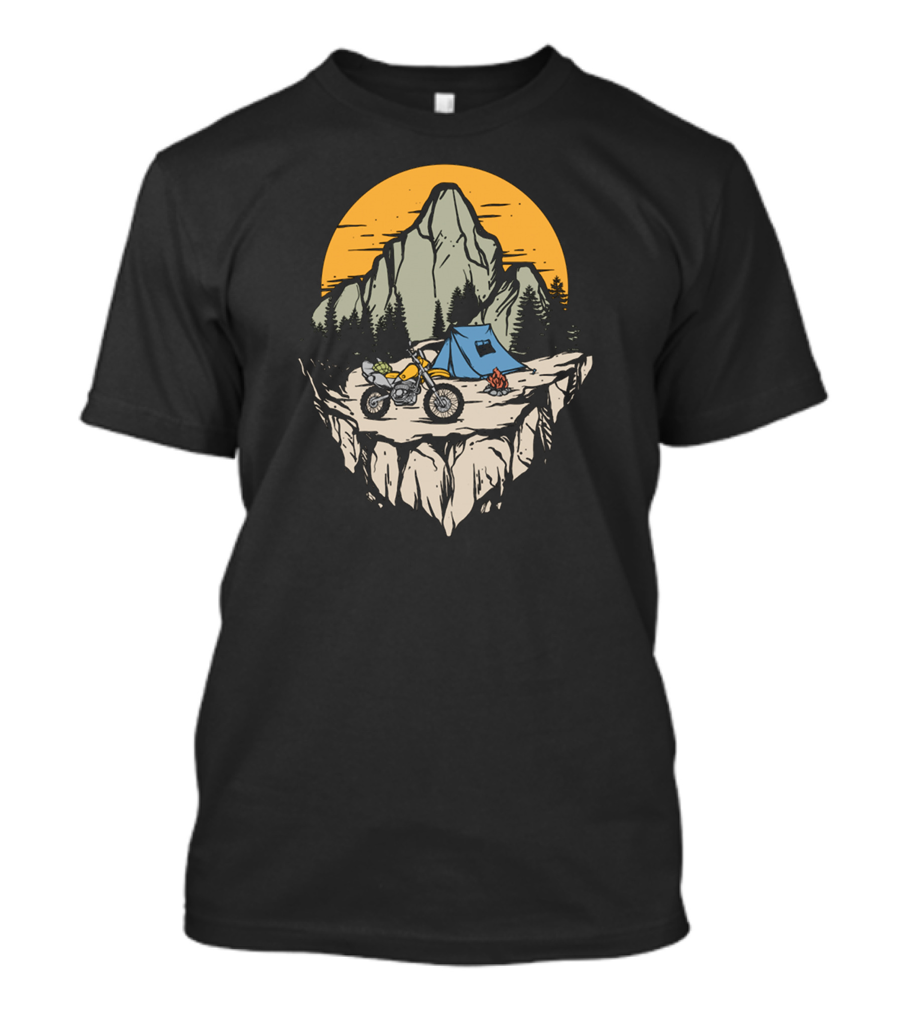 Mountain Adventure Camping With Motorcycle Under Sunset T-Shirt
