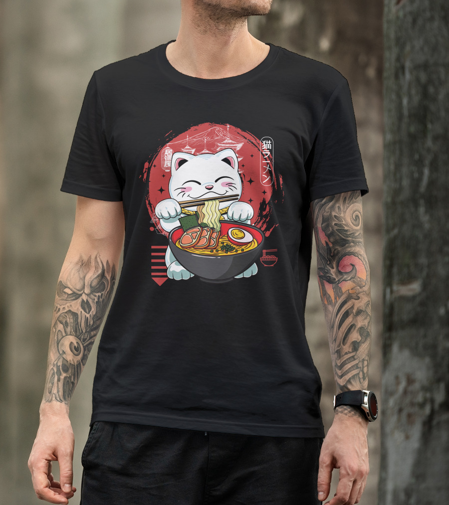 Neko Ramen Maneki-Neko With Chopsticks And Bowl Of Ramen Stars T-Shirt