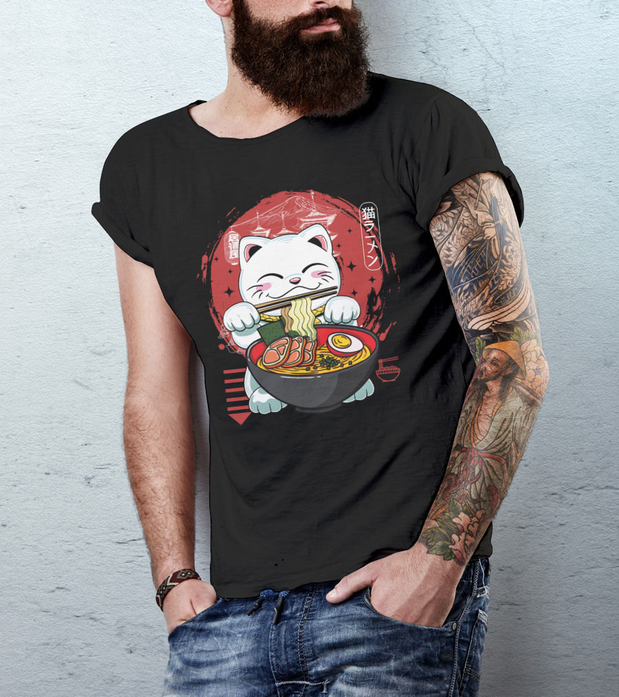 Neko Ramen Maneki-Neko With Chopsticks And Bowl Of Ramen Stars T-Shirt