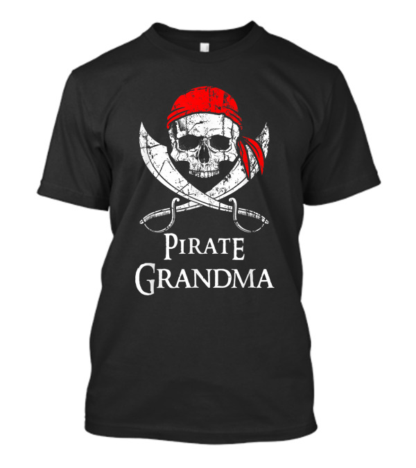 Pirate Grandma Skull With Red Bandana And Crossed Swords Jolly Roger T-Shirt