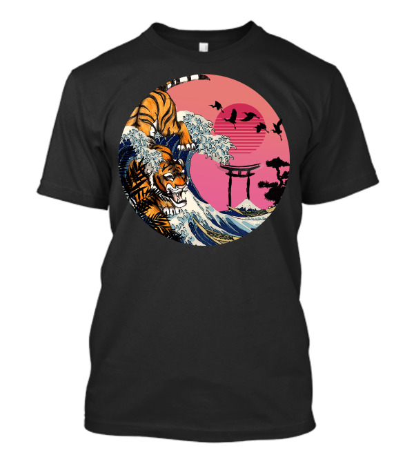 Rad Tiger Wave Sunset With Torii Gate And Birds T-Shirt
