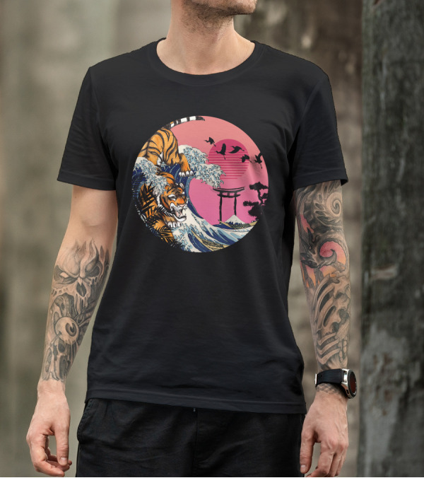 Rad Tiger Wave Sunset With Torii Gate And Birds T-Shirt